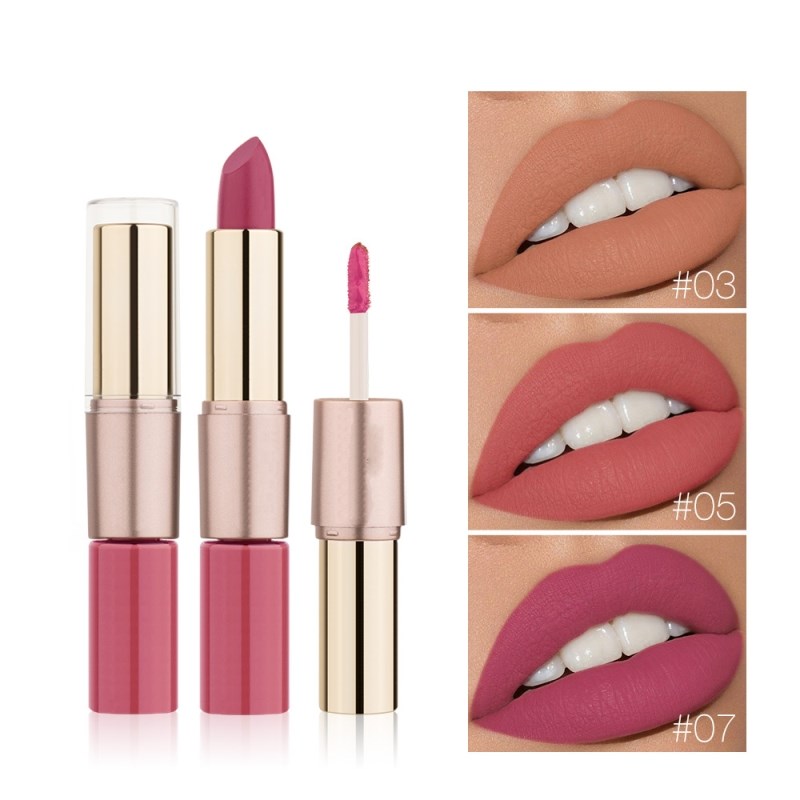 Rouge à lèvres liquide mat 2 en 1 et gloss mat. Maquillage hydratant longue tenue, waterproof, effet velours. 12 teintes.