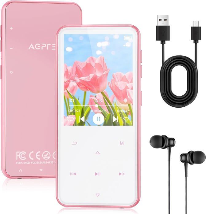 AGPTEK 64Go MP3 Bluetooth 5.3, 2.4‘’ Grand Écran, Haut-Parleur Lecteur Musical HiFi avec Bouton Tactile/Radio FM/Enregistreur, Rose