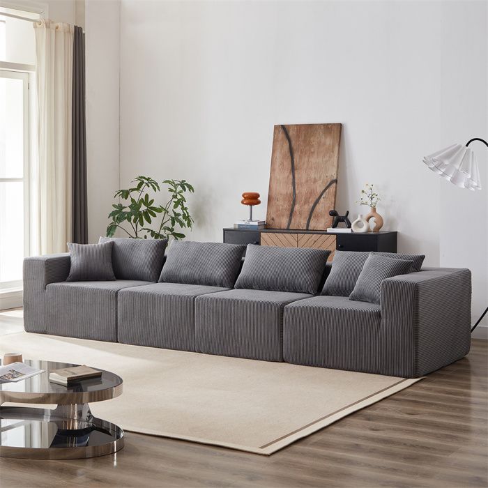 Sofá modular DRIPEX de 4 lugares em veludo cotelê, 335 cm, sofá estofado compacto com 4 almofadas, combinação livre, cinza