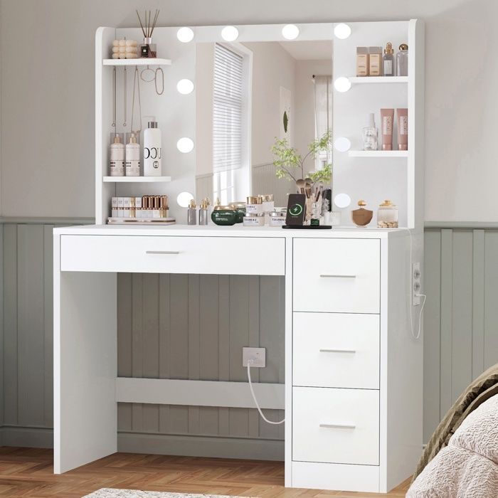 TEENFON Coiffeuse avec éclairage LED et 4 tiroirs, Coiffeuse avec station de charge, 85*40*135cm,Blanc