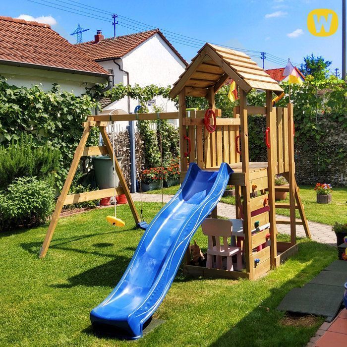 Aire de jeux bois WICKEY MultiFlyer avec toit en bois, double balançoire et toboggan 220 cm anthracite – 10 ans de garantie*