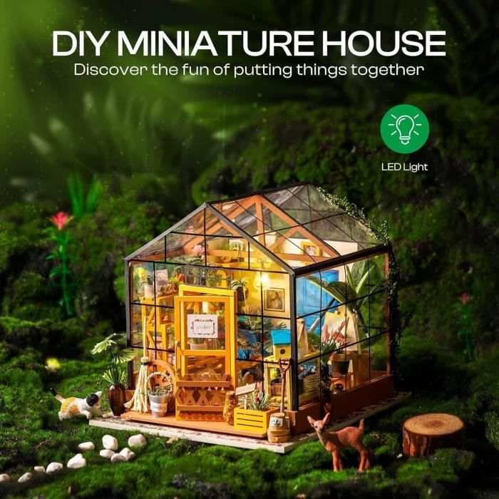 Miniatura de Casa de Bonecas com Estufa da Cathy, Conjunto de Modelo DIY em Madeira, Presente de Aniversário para Adultos, Mulheres e Meninas