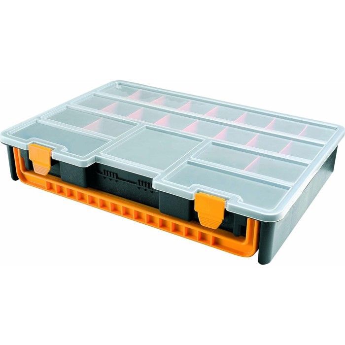 Caja organizadora profesional con 23 compartimentos extraíbles, color negro y naranja, 44,3 x 31,7 x 8 cm, INTEC