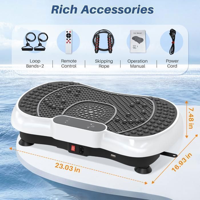 Plataforma vibratoria BIGZZIA, altavoces Bluetooth y cordón ajustable, 99 niveles, pantalla táctil LED, cuerda para saltar, color blanco.