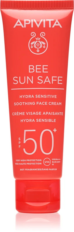 Apivita Bee Sun Safe Hydra Sensitive raminamasis veido kremas SPF50+ drėkinamasis ir raminamasis kremas SPF 50+