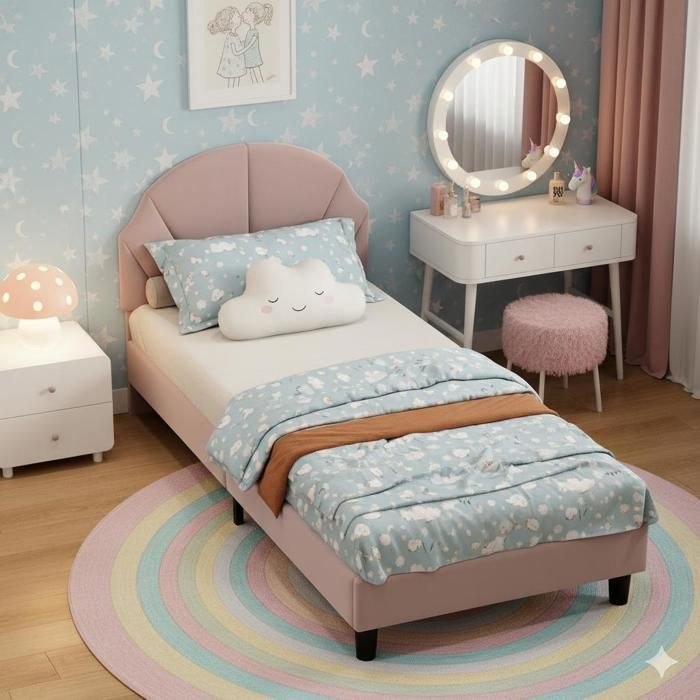 Cama de 90x200cm - Cama infantil, individual y con somier de láminas - con cabecero ajustable, diseño de conchas marinas - en terciopelo rosa
