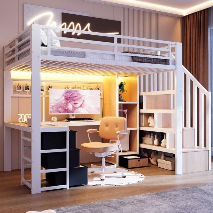 Lit mezzanine - LANGTU - 90x200 avec bureau - Escalier rangement - LED intégrée - 4 tiroirs - Métal/MDF - Blanc