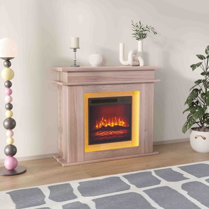 Cheminée Électrique Manteau Chêne 101cm - AMBIANCE - Flamme 3D & LED Couleur - Chauffage d'Appoint - Luminosité Réglable