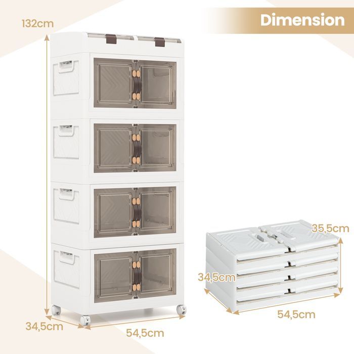 GIANTEX 210L Plastic Storage Box with Wheels - 4 Foldable and Stackable Crates with Doors - 2 Compartments with Lids
