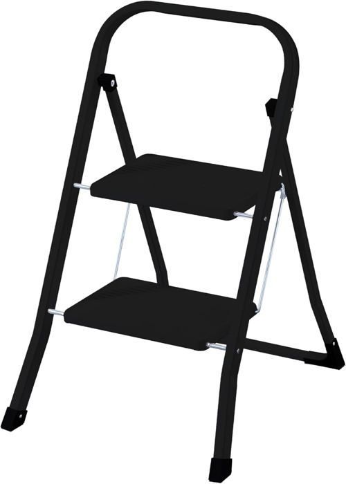 Rijoka Escabeau pliant à 2 marches - Échelle domestique pliable - Acier - Antidérapant - Charge maximale : 150 kg - Noir
