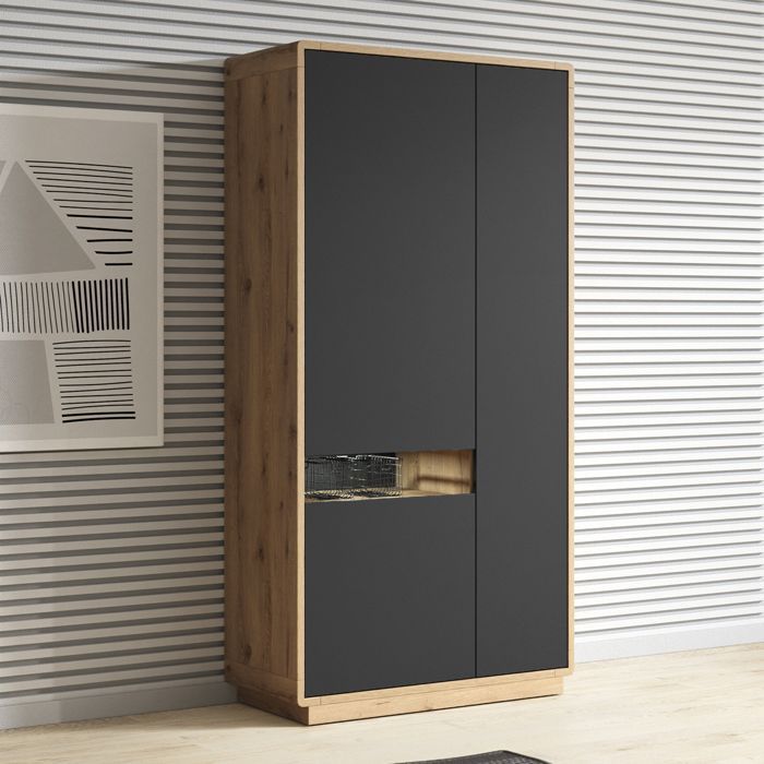 Armoire 3 portes Petits-meubles - Raven - 92 x 40 x 181cm - Noir mat et Bois