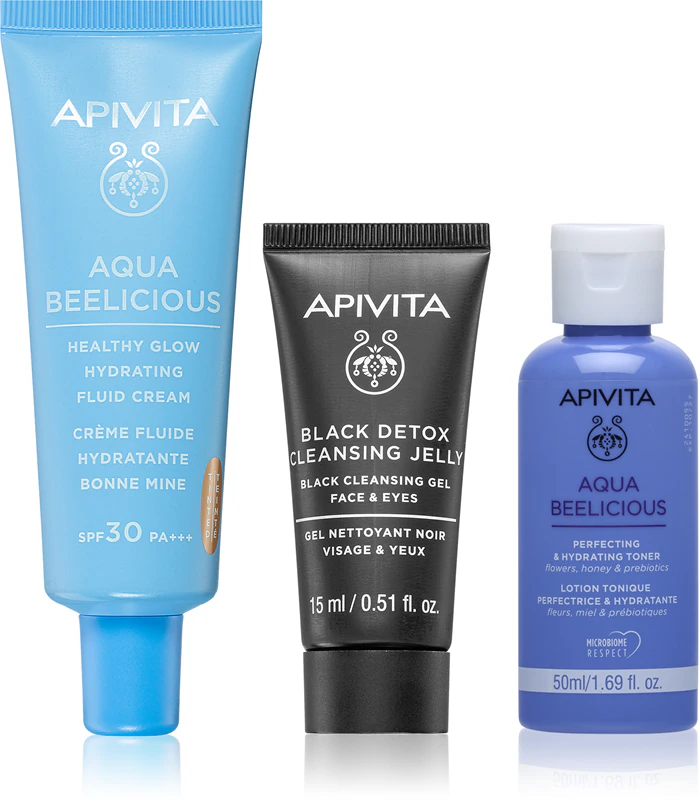 Apivita Aqua Beelicious Hydrating & Natural Coverage Routine Set é um conjunto de cuidados faciais hidratantes.
