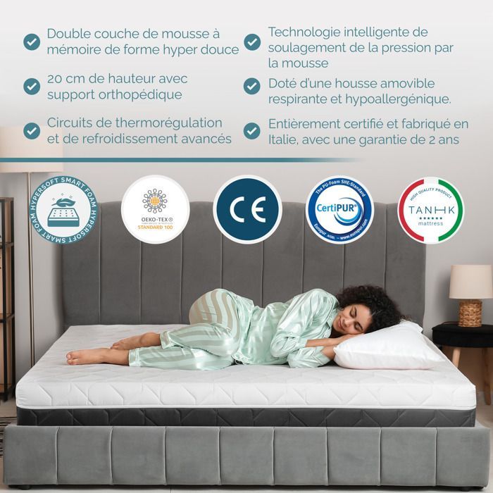 Matelas TANHK double couche à mémoire de forme 120x200 cm,Moelleux,Hypoallergénique,Housse amovible,Fabriquée en Italie