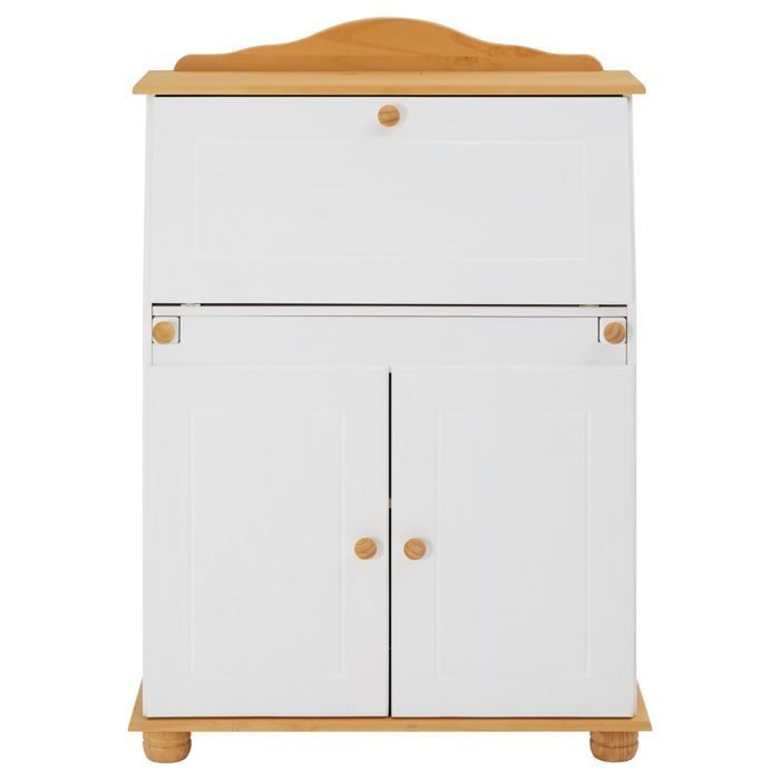 Bureau secrétaire DAVID avec abattant rangement plusieurs étagères 2 portes plan de travail rabattable, en pin massif blanc et brun