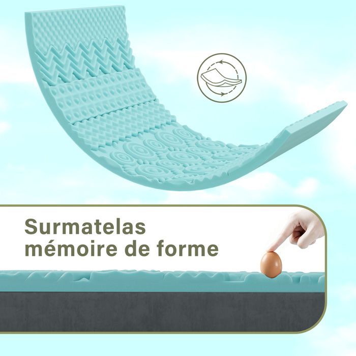 Matratzenauflage aus Memory-Schaum (180 x 200 cm, 5 cm) + Tagesdecke aus Aloe-Vera-Gewebe – Ergonomische Zonen – Für Doppelbettmatratzen