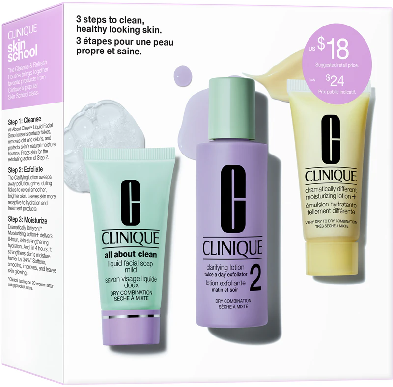 Kit de cuidados com a pele Clinique em 3 passos para pele tipo 2 - Conjunto de presente para uma limpeza perfeita da pele.
