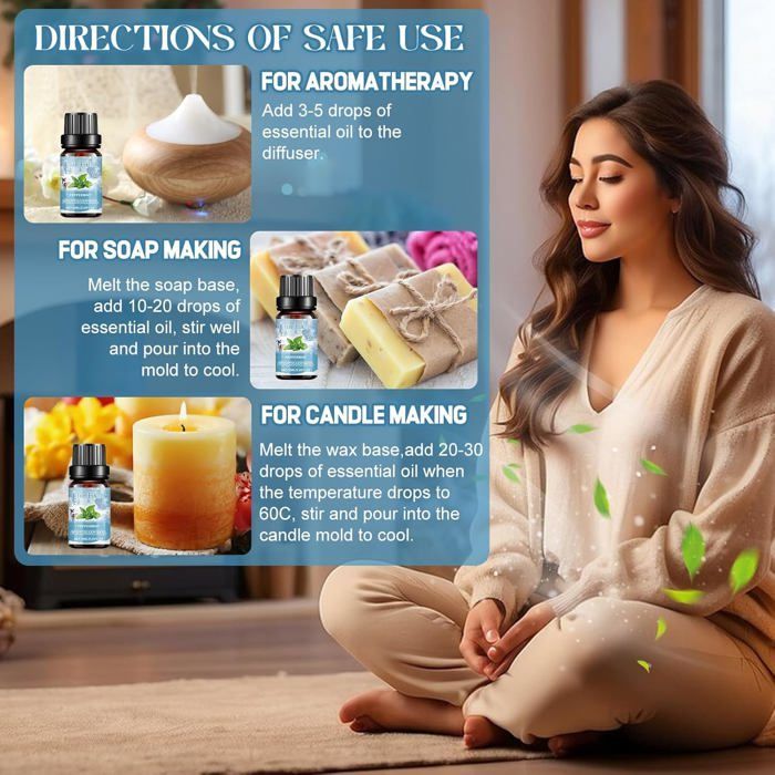 6 aceites esenciales de aromaterapia de 10 ml para difusores: Canela, Menta, Manzana, Madera de cedro, Vainilla