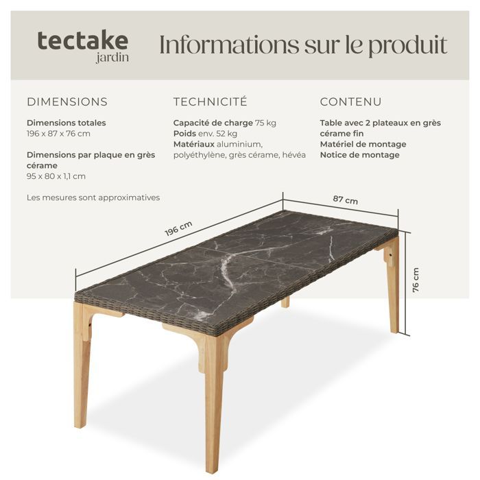 Mesa de jardín - TECTAKE - FOGGIA, mesa de comedor de ratán con tablero de gres desmontable, estructura de aluminio, 196x87x76cm - Marrón natural