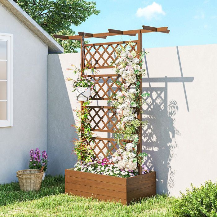 Raised Planter - Outsunny - with trellis, roof bars, drainage holes, non-woven fabric - natural wood effect