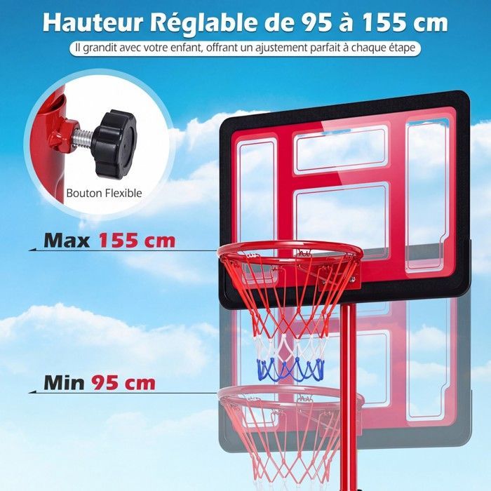 COSTWAY 95-155CM Vrijstaande basketbalring - Steun, verzwaarde voet, vulbaar - Metalen ring met net - Hoogwaardig achterbord