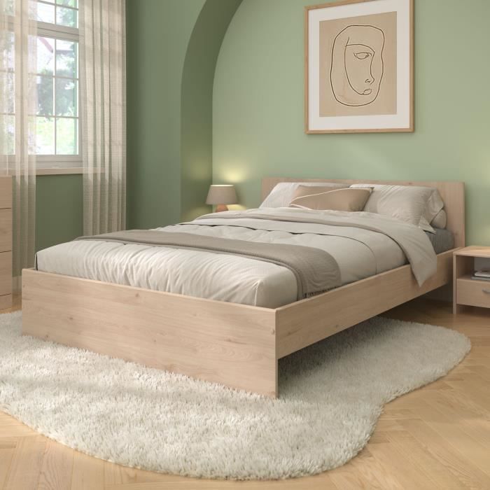 Chambre complète adulte VARIA - Lit 140x190/200 + 2 chevets + 1 commode + 1 armoire avec miroir - Décor Chêne - PARISOT