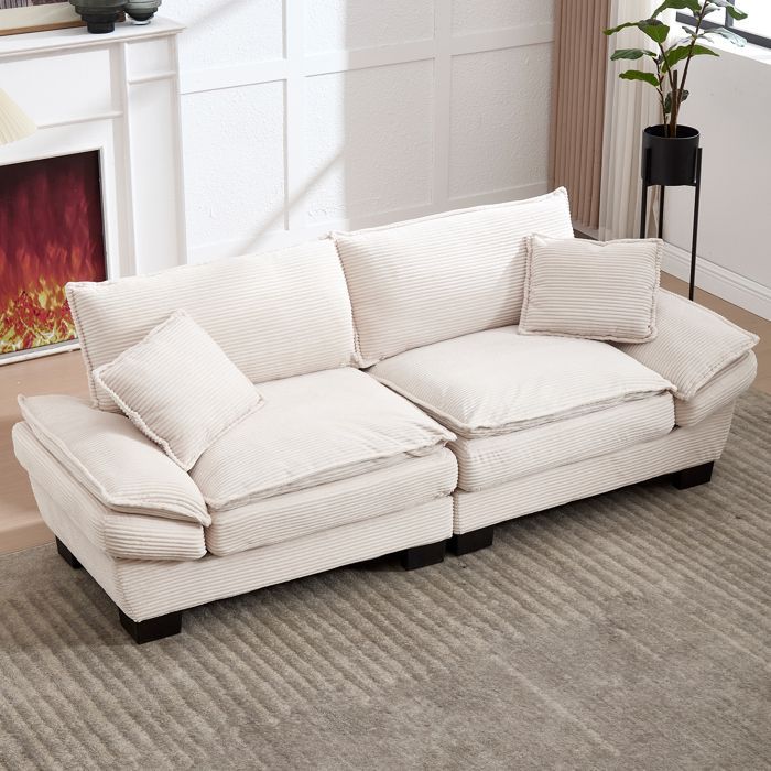 DRIPEX 3-Seater Beige Corduroy Sofa with Pillows, Back Cushions and Armrests, Sturdy Wooden Legs, 224×81×81cm