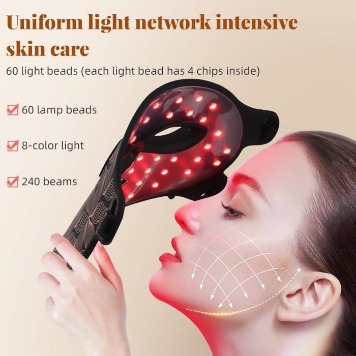 Masque LED pour le visage,8 couleurs,avec lumière rouge du cou,thérapie proche infrarouge,masque de beauté,serrer Brown set with