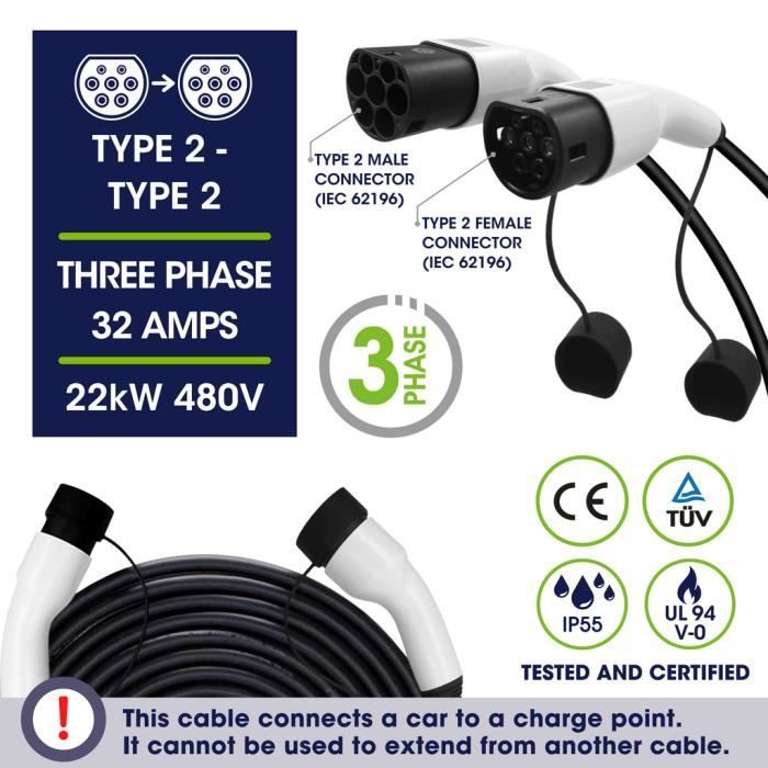 Câble de Recharge EV 22KW 32Amp /troisphasée/ 3 phasée/5 m/Type 2 à Type 2 for Tesla BYD atto 3 MG4 ZS