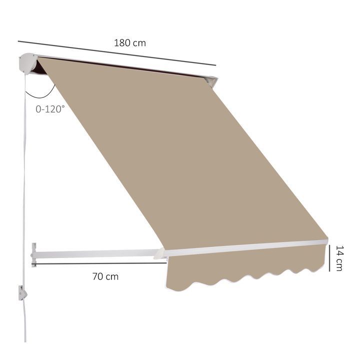 Handmatig te bedienen zonnescherm - Outsunny - verstelbare kantelhoek, aluminium, terrasbescherming - polyester - 70x180cm - beige