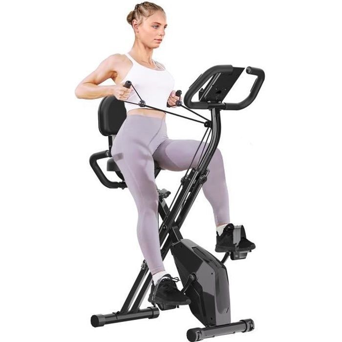 Bicicleta estática plegable, volante de inercia de 2,5 kg, 8 niveles de resistencia ajustables, respaldo con cordón de ajuste, color negro.