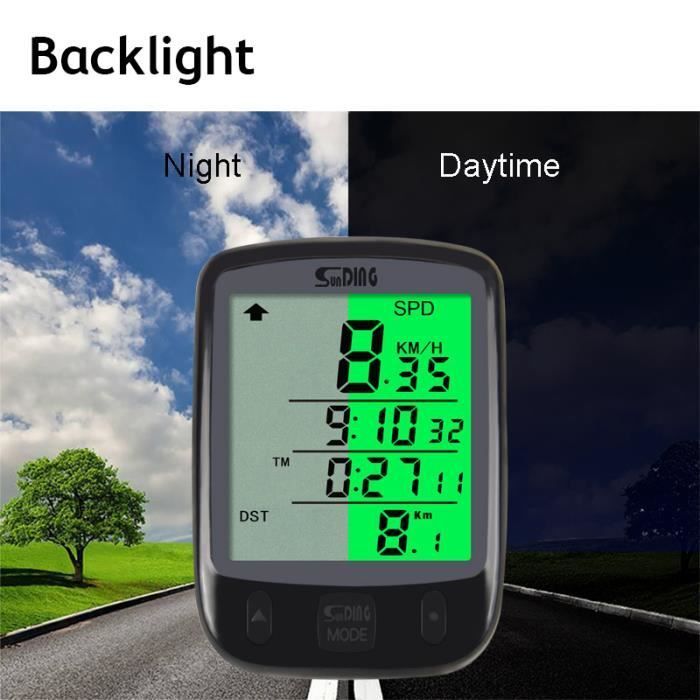 Ciclocomputador digital LCD resistente al agua con retroiluminación: muestra kilometraje, tiempo, velocidad y nivel de batería.