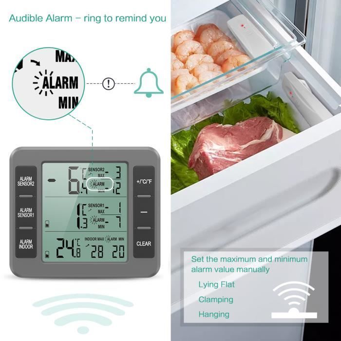 Thermomètre de Frigo Congelateur, Thermomètre de Réfrigérateur sans Fil avec 2 Capteurs, Alarme Sonore, Min/Max - Gris