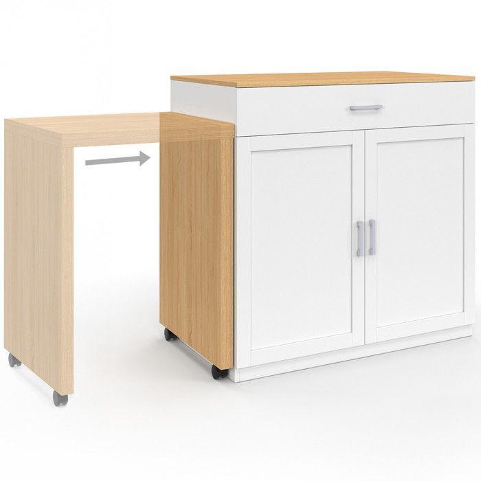 IDMARKET VITO 94-155 cm white wood central island with integrated extendable beech-effect dining table