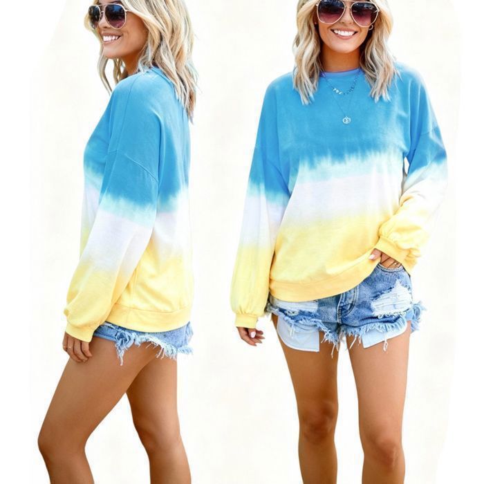 Sudadera de mujer 2025, manga larga con cuello redondo, estampado degradado arcoíris, tendencia primavera/otoño - Azul