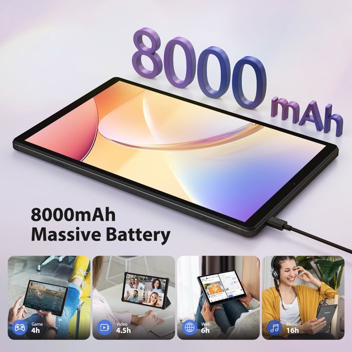POWMUS 10,1 inch touchscreen tablet, Android 14, 36 GB + 128 GB, 1920*1200, octa-core, 4G LTE/5 GHz wifi, 8000 mAh batterij, inclusief toetsenbord en muis, zwart