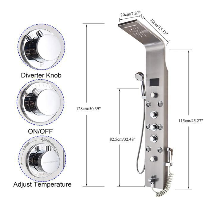 Colonna doccia in acciaio inox spazzolato, display LED della temperatura, 6 getti massaggianti, soffione a pioggia, cascata, doccetta, bidet.