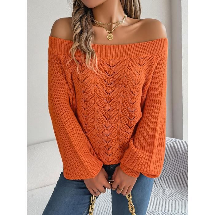 Jersey de punto holgado informal para mujer con cuello barco, hombros descubiertos, detalle calado, manga larga, color liso - Naranja