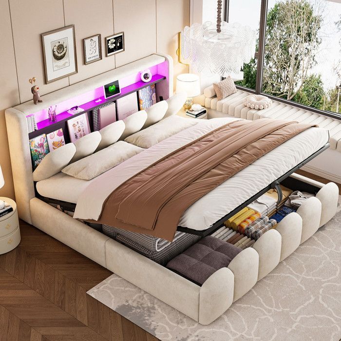 Cama tapizada con almacenamiento 180x200 - USB + Tipo-C - Con luz LED - Terciopelo - Beige (colchón no incluido)