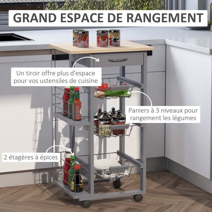 Chariot de service - HOMCOM - desserte cuisine roulettes 3 paniers métal tiroir 2 range-bouteilles - bois pin - gris