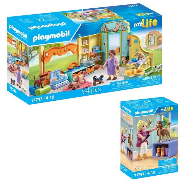 Playmobil pack centre animaux Centre de soin canin (71743) + Toiletteuse avec caniche (71747)