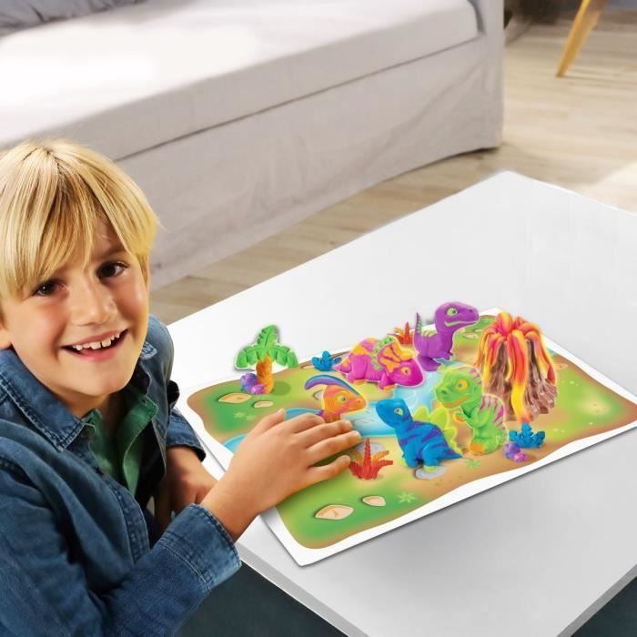 LEXIBOOK CRAZART - Kit de dinosaurios de arcilla para modelar fluorescente y maleable - Azul, violeta, rojo, naranja, verde, amarillo, rosa