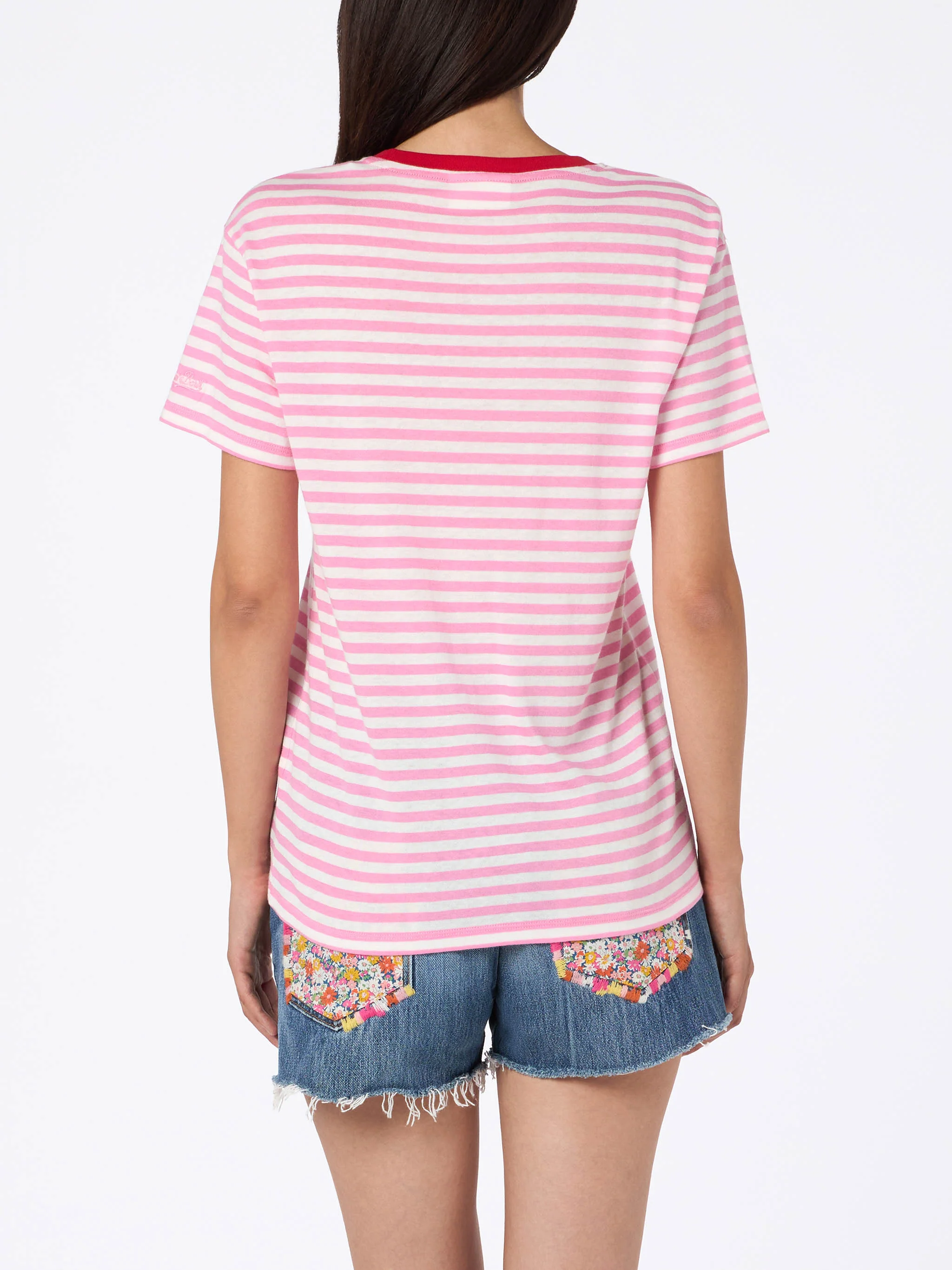 Emilie dames gestreept katoenen jersey coltrui T-shirt met ribbels