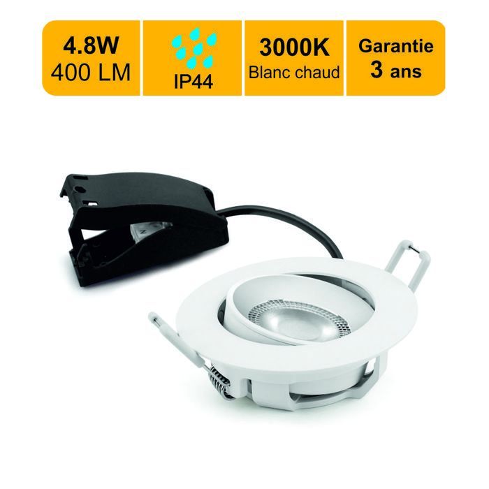 Spots LED encastrable IP44 orientable 30°- salle de bain - 4,8W 400 LM 3000K - garantie 3 ans