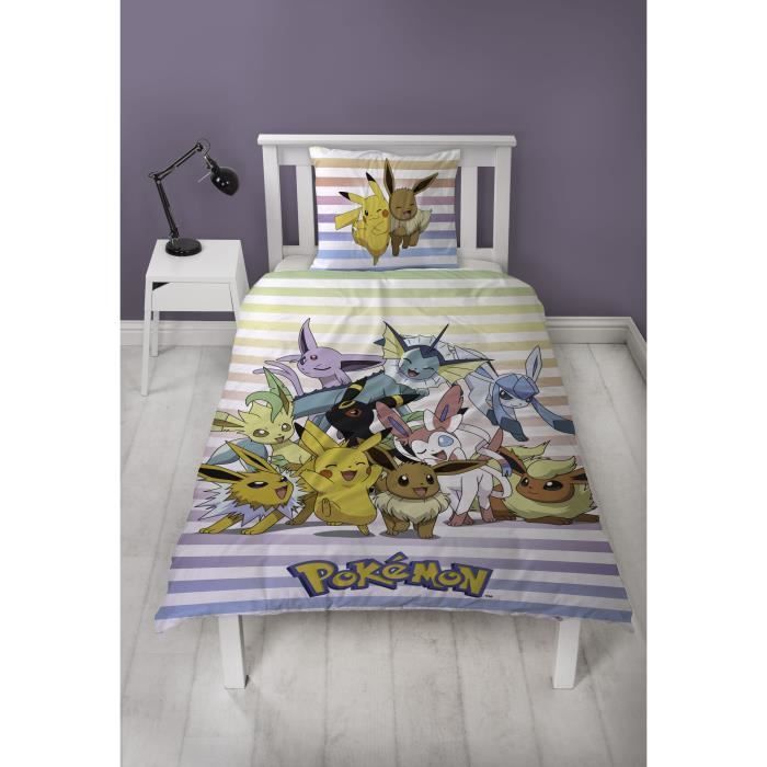 Reversible bedding set - POKEMON - Pikachu and Eevee - Microfiber - 1 duvet cover 140 x 200 cm + 1 pillowcase 63 x 63 cm