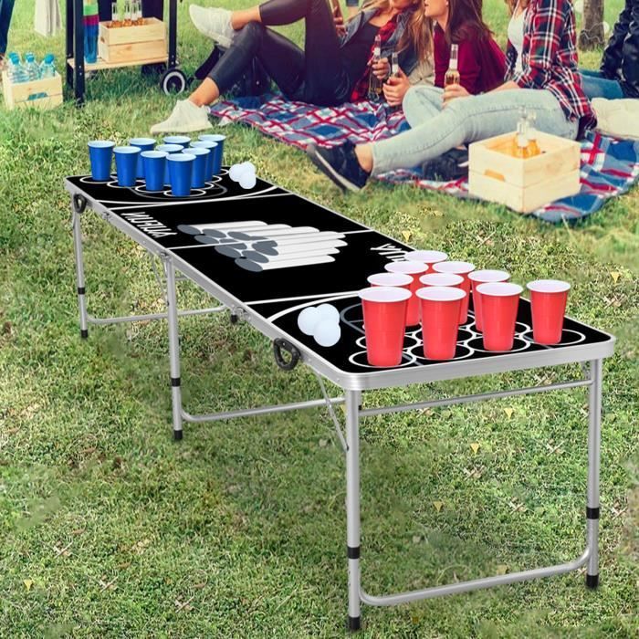 Mesa de Beer Pong - LILIIN - Plegable de aluminio - 6 bolas y 100 vasos - Altura ajustable de 55 a 70 cm