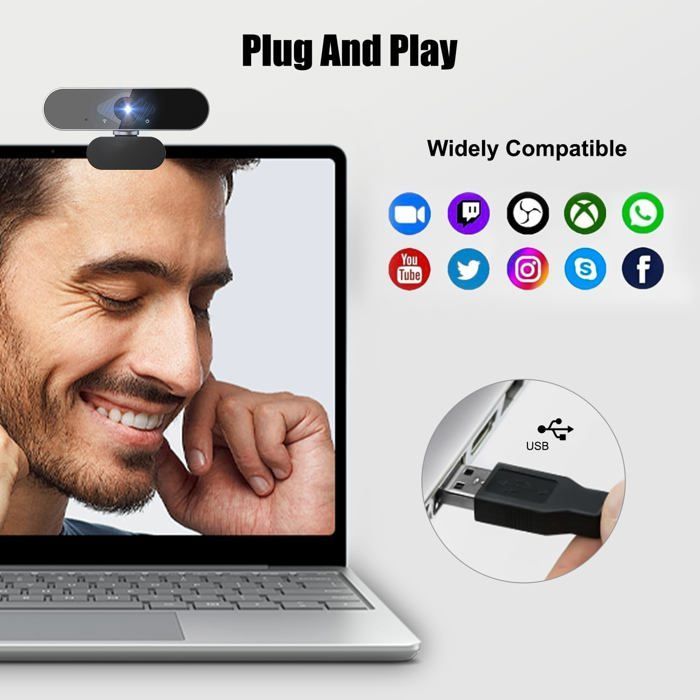 Webcam pour PC avec Micro, 1080P Full HD Caméra Web avec Microphone, 360° Rotation USB Caméra Plug Play pour Vidéo et