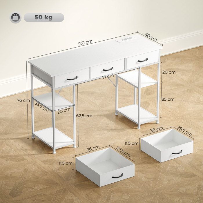 Desk with storage - HOMCOM - power outlets, 3 fabric drawers and 4 storage shelves - 120 x 40 x 76 cm - white