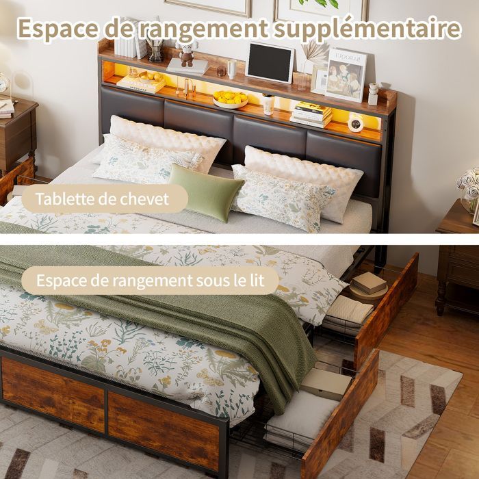 Cama doble para adultos de 180x200 cm - Almacenamiento integrado - Cajones - Iluminación LED conectada - Estilo industrial negro