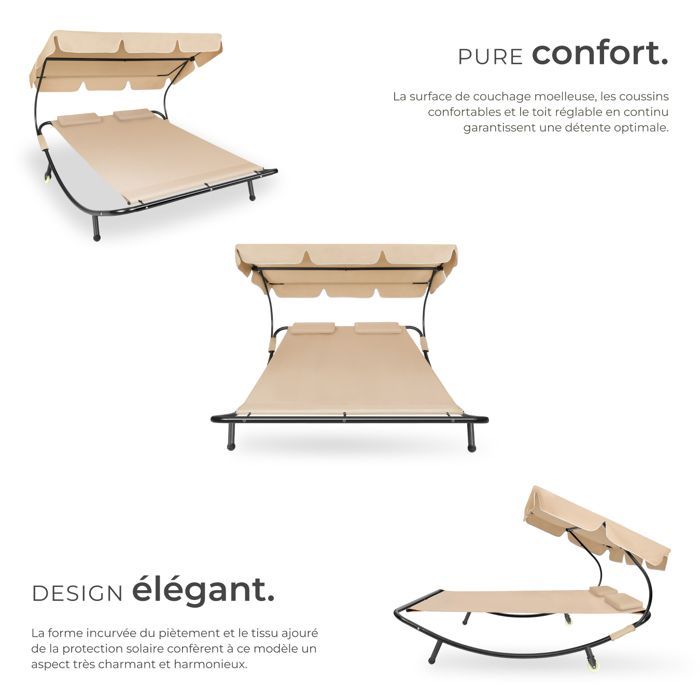 Tumbona - TECTAKE - LIVORNO Tumbona doble de acero para 2 personas con toldo ajustable 185 x 195 x 142-175 cm - Negro/Beige