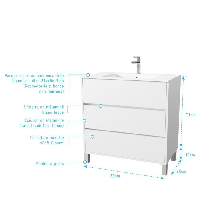 Mueble de baño XENOS de 80 cm, lacado en blanco, con 3 cajones y lavabo de cerámica.